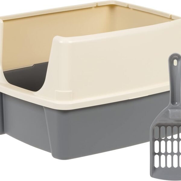 Large Cat Litter Box with High Sides, Open Top, Includes Scoop, 19 x 15 x 11.75 inches, Grey/Beige