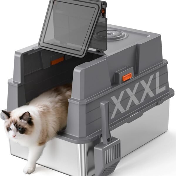 XXXL Stainless Steel Litter Box with Lid,28" L x 20.5" W x 16.5" H Extra Large Cat Litter Box Enclosure for Large and Multi-Cats Families,Non-Sticky, Anti-Leakage, Easy to Clean(Gray)