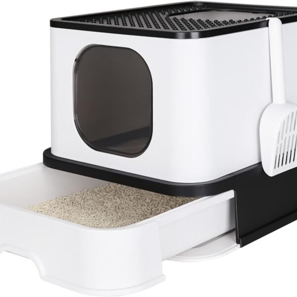 Cat Litter Box, Foldable Cat Box with Drawer, Large Capacity Litter Box with Lid, Top Opening Litter Pan for Small to Big Cats (Black)