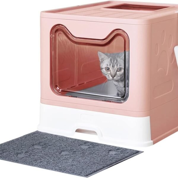 Cat Litter Box with Litter Mat and Scoop, Large Foldable Litter Box with Lid, Front Entry Top Exit Kitty Box, Odor Control, Easy to Clean (Pink)