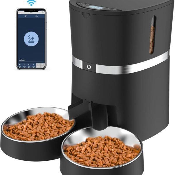 Smart Cat Feeder,  Automatic Cat Feeder WiFi Enable Pet Dog Food Dispenser App Control for Cat&Dog with Two-Way Splitter and Two Bowls, Voice Recorder Distribution Alarms, Portion Control