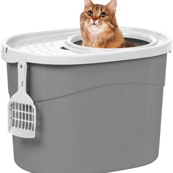 Cat Litter Box, Large Top Entry with Litter Catching Lid and Scoop, Dog Proof, Enclosed Cat Litter Box, Gray/White